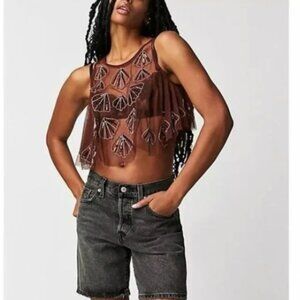 Free People Tulsi Costal Cowgirl Boho Embellished Mesh Tank‎ Brown Size Large